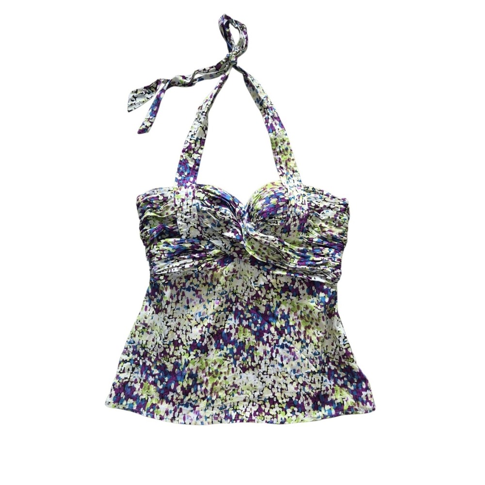 Vintage Y2K Bebe Silk Spotted Halter Top S Purple Green Bustier Pin Up Retro